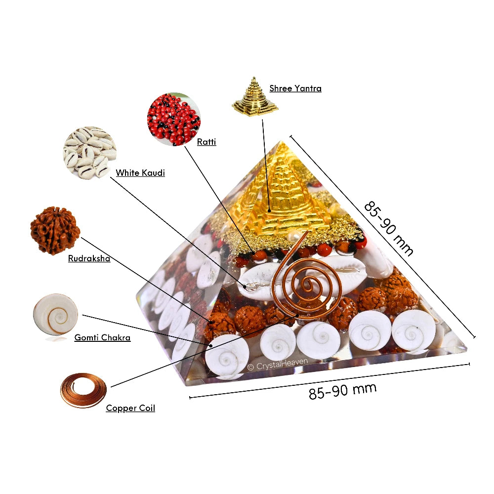 Laxmi Wealth Pyramid - Shree Yantra, Gomati Chakra, Rudraksha, Kodi (Large)