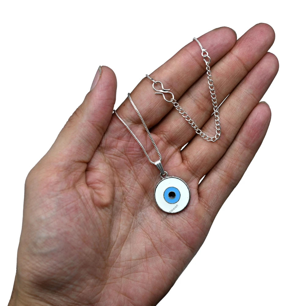 White Evil Eye Pendant Necklace - Round (Silver)