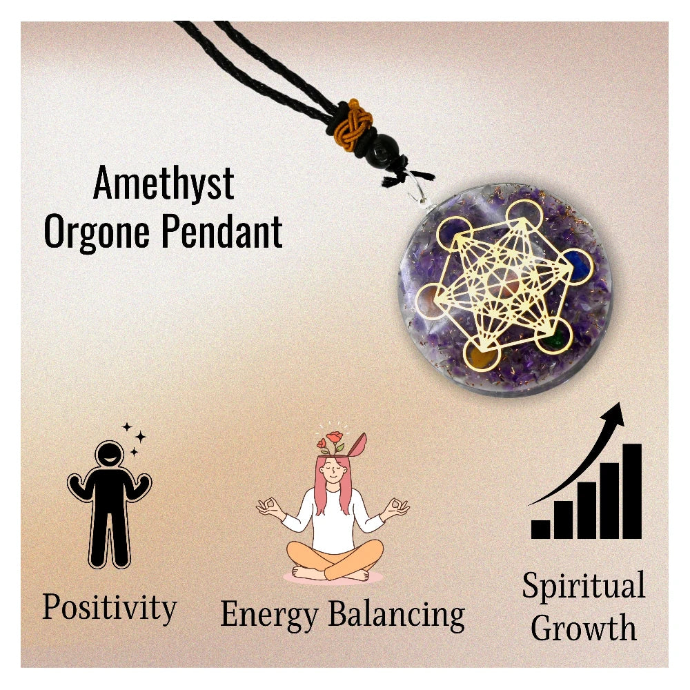 Amethyst Crystal Orgone Pendant - Metatron Cube