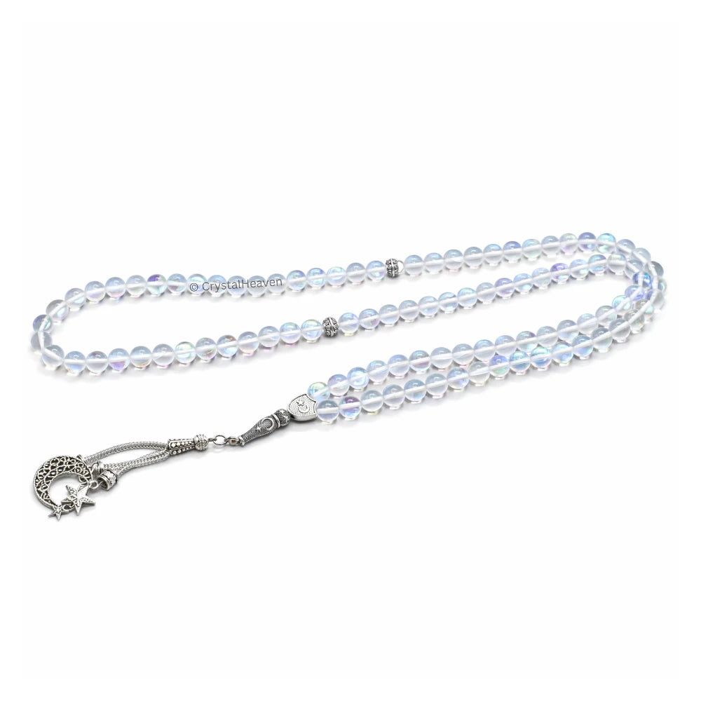 White Mermaid Glass Crystal Tasbih (Silver)