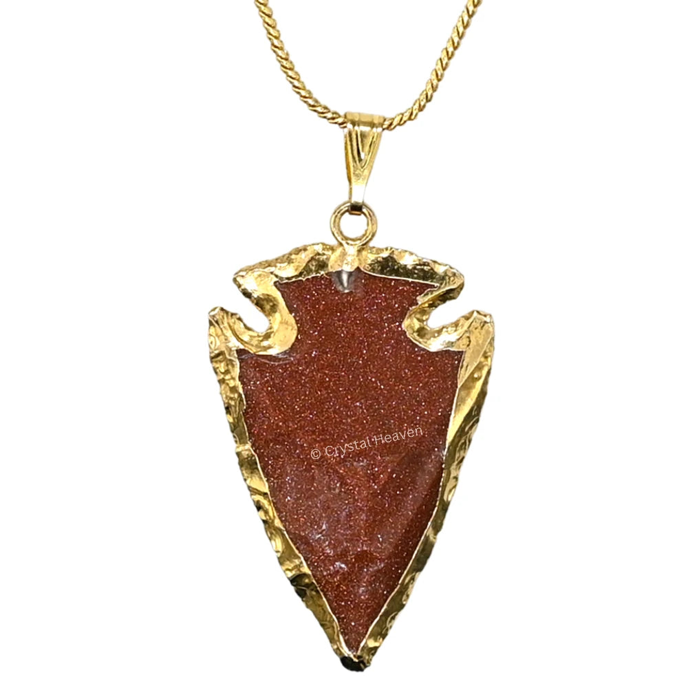 Red Goldstone Arrow Head Pendant - Gold Plated