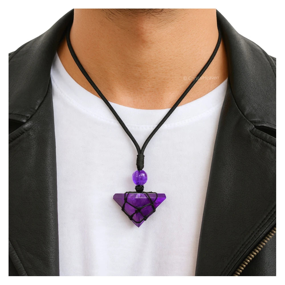 Amethyst Pyramid Macrame Pendant Necklace