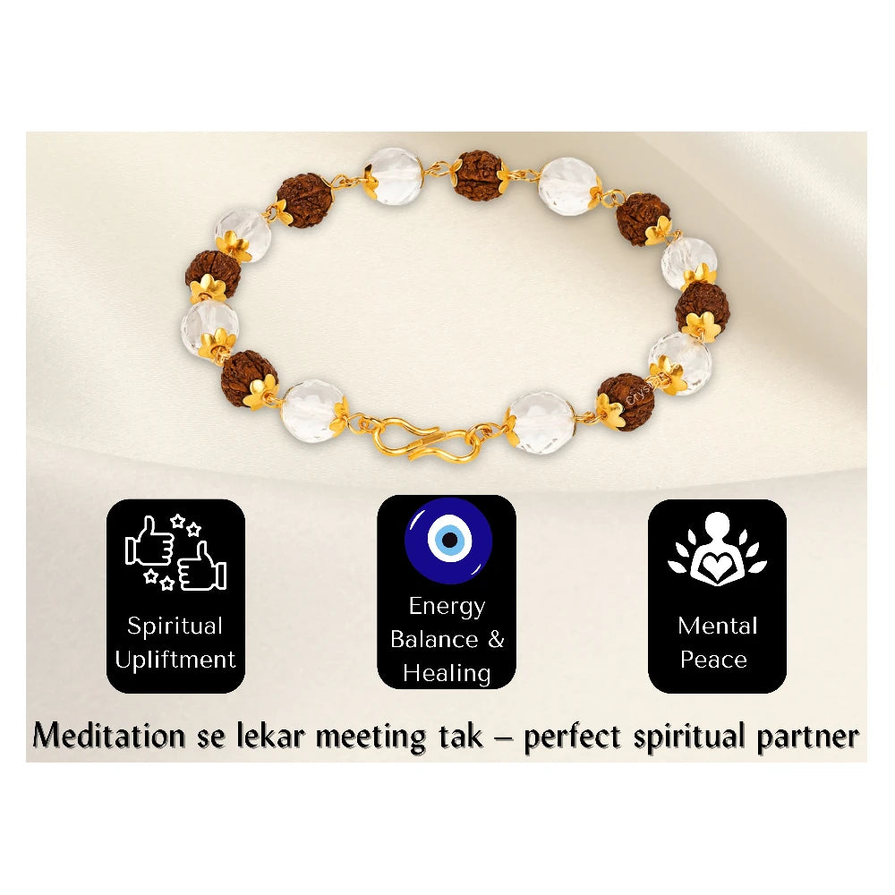 Faceted Sphatik Crystal and Rudraksha Bracelet (Gold Chain)