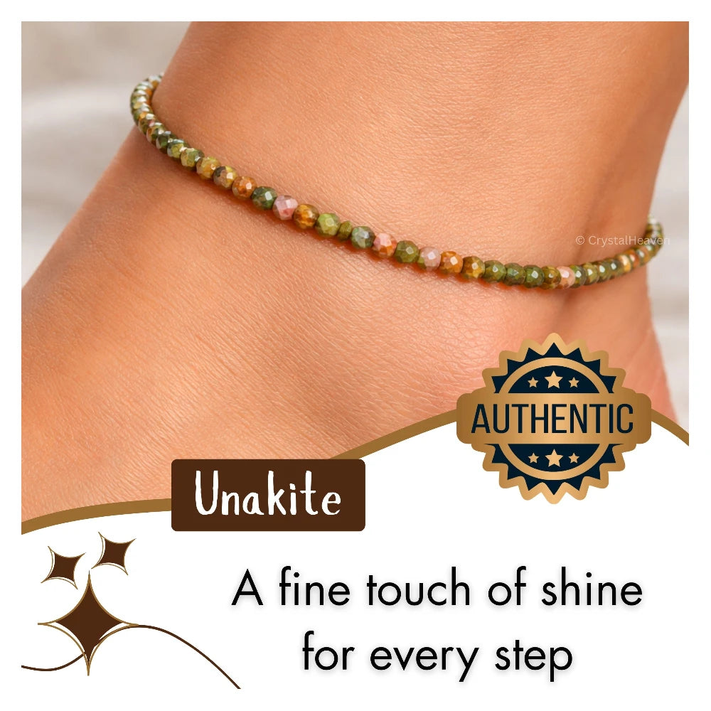 Unakite Anklet - 2mm Faceted Beads (Silver)