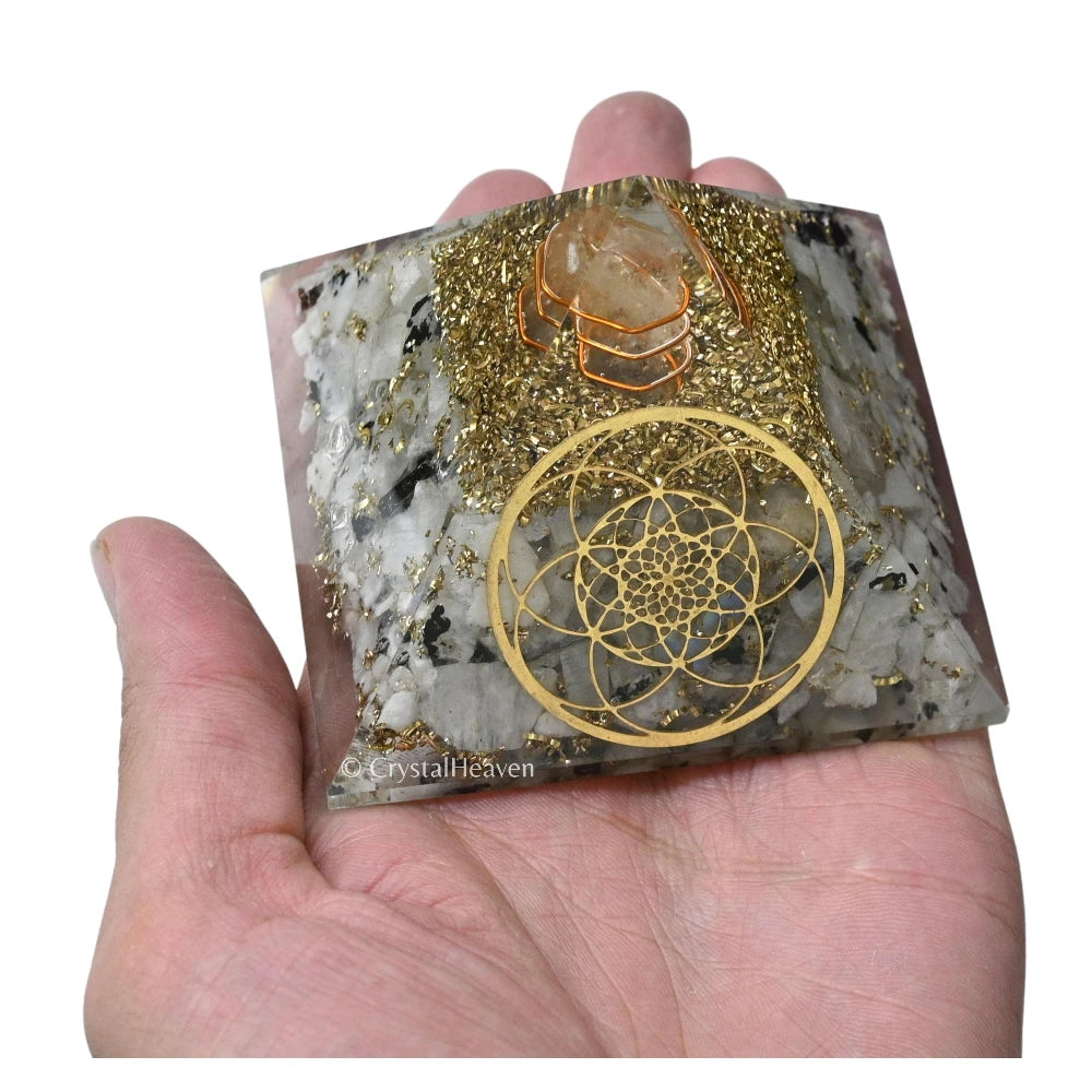 Rainbow Moonstone Orogone Pyramid (Seed Of Life)