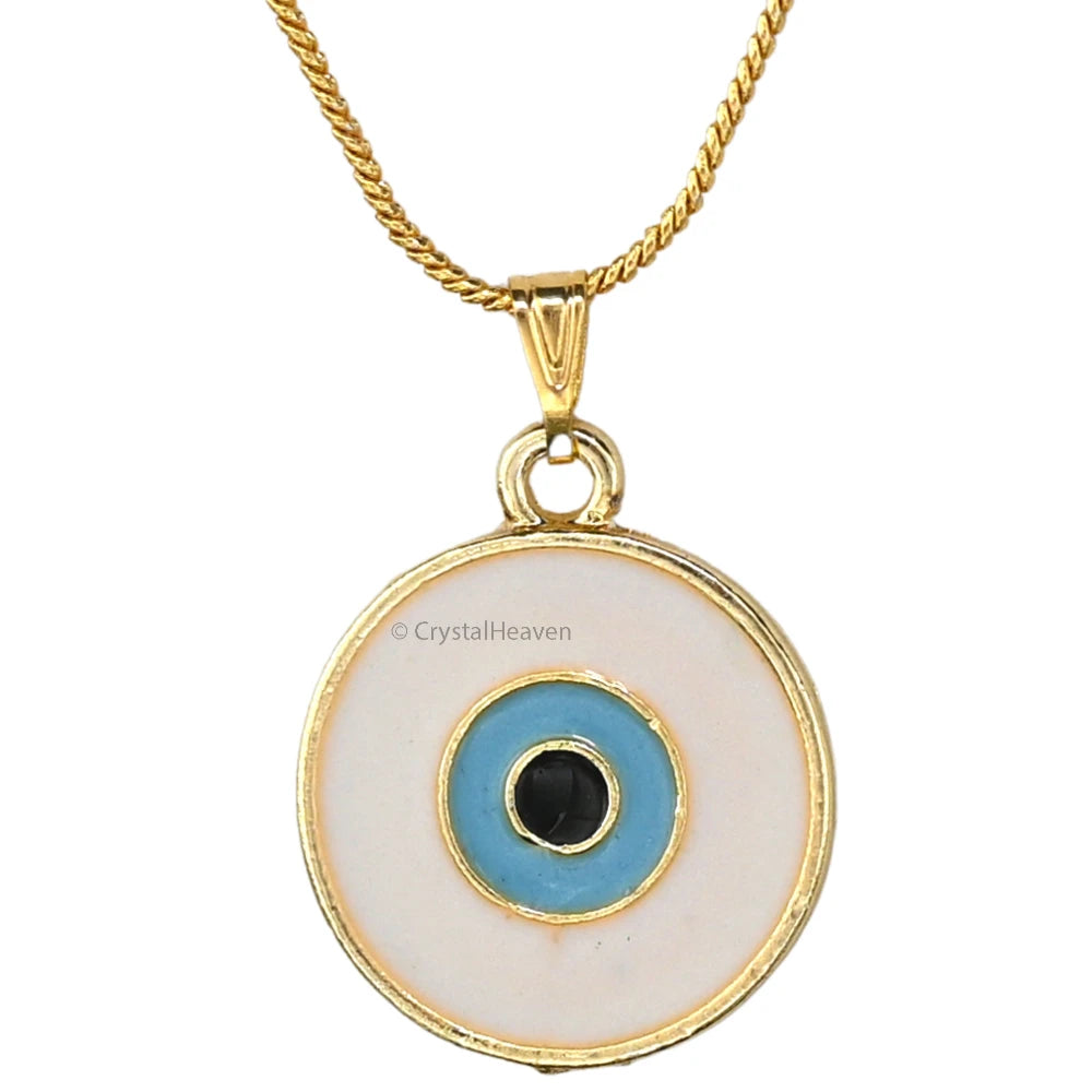 White Evil Eye Pendant Necklace - Round (Gold)