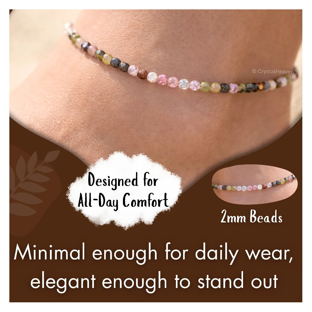 Multi Tourmaline Anklet - 2mm Faceted Beads (Silver)