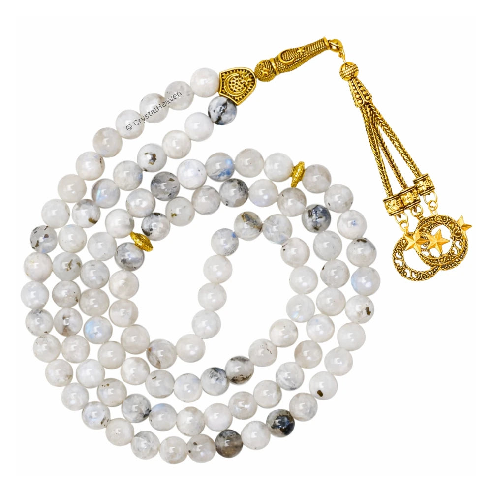 Rainbow Moonstone Crystal Tasbih (Gold)