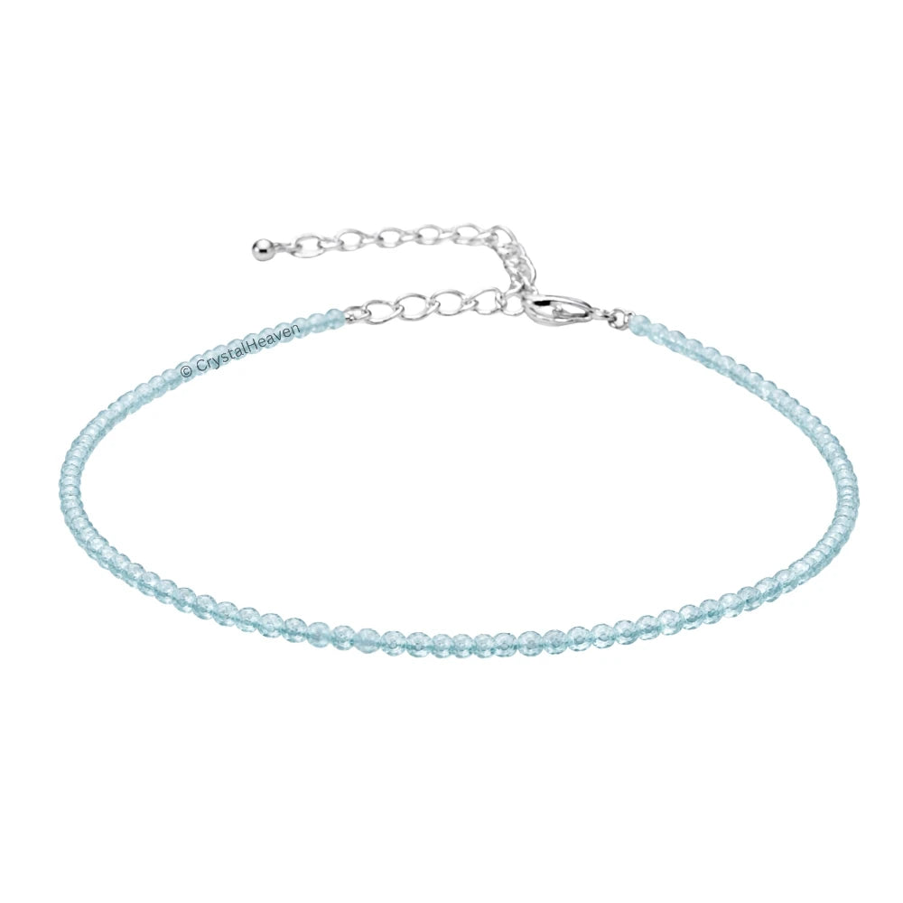 Aquamarine Anklet - 2mm Faceted Beads (Silver)