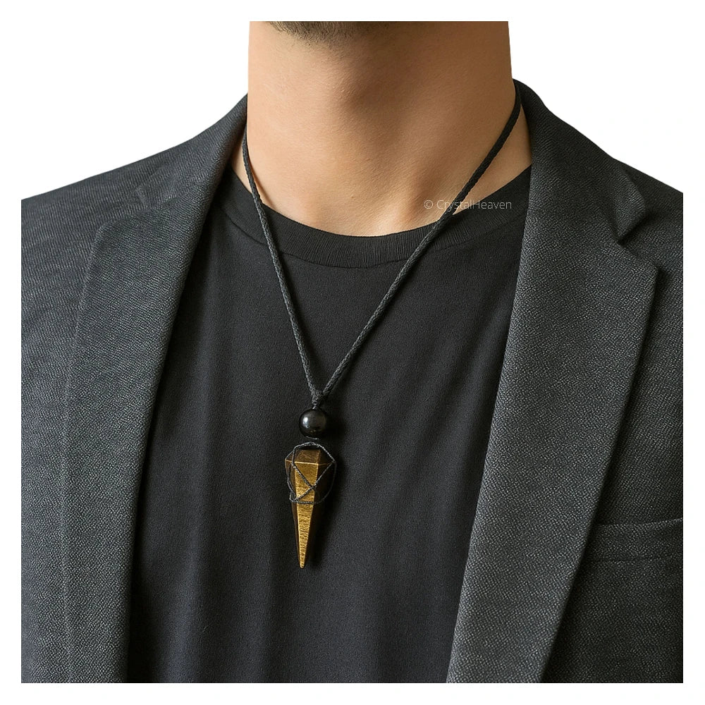Golden Sheen Obsidian Pendulum Pendant Necklace (Macrame)