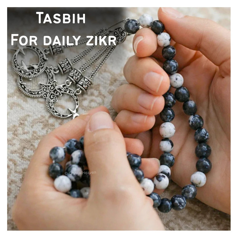 Black and White Jasper Crystal Tasbih (Silver)