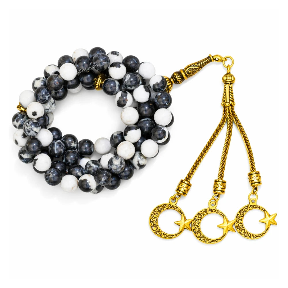 Black and White Jasper Crystal Tasbih (Gold)