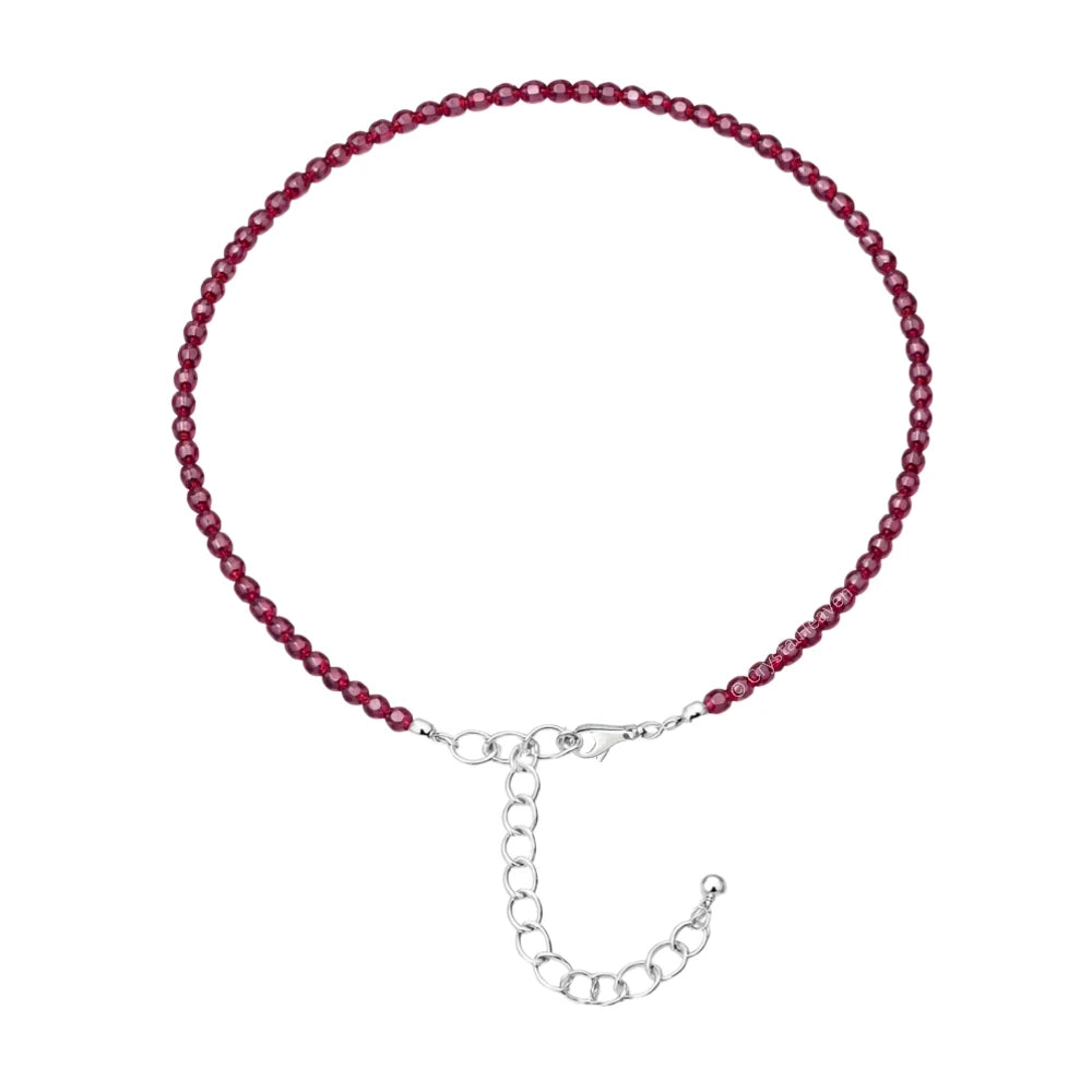Pink Garnet Anklet - 2mm Faceted Beads (Silver)
