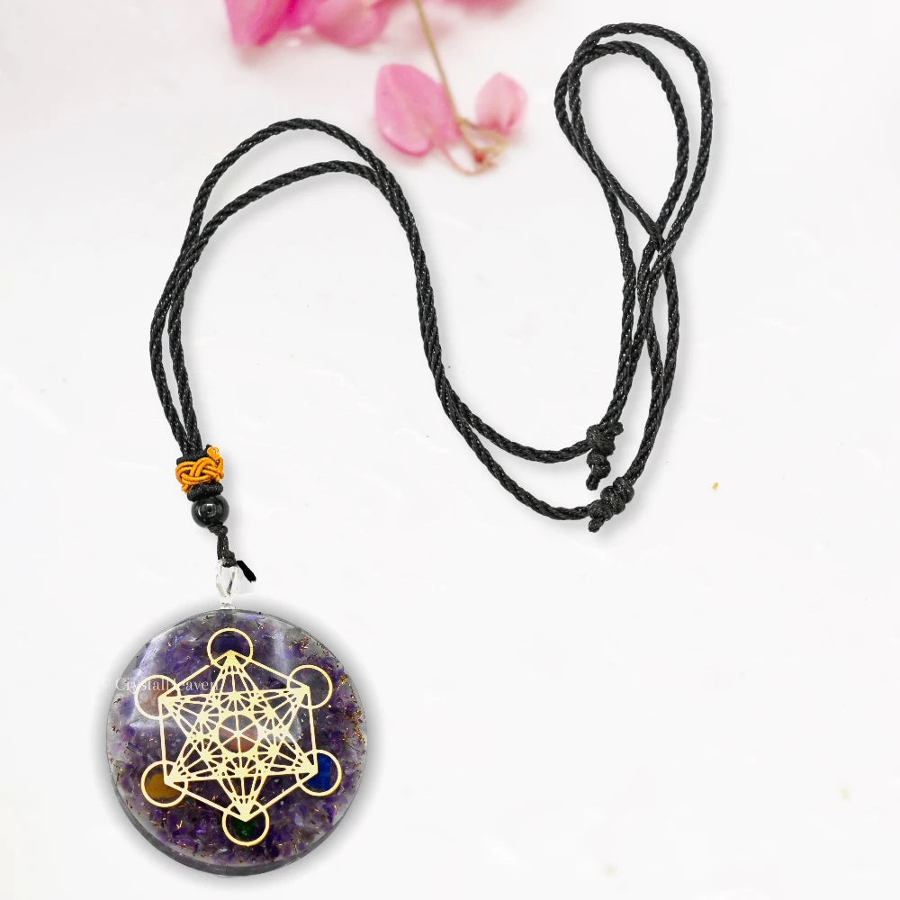 Amethyst Crystal Orgone Pendant - Metatron Cube