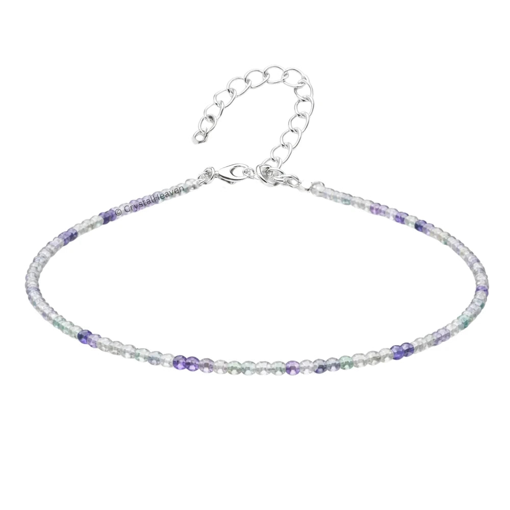 Green Fluorite Anklet - 2mm Faceted Beads (Silver)