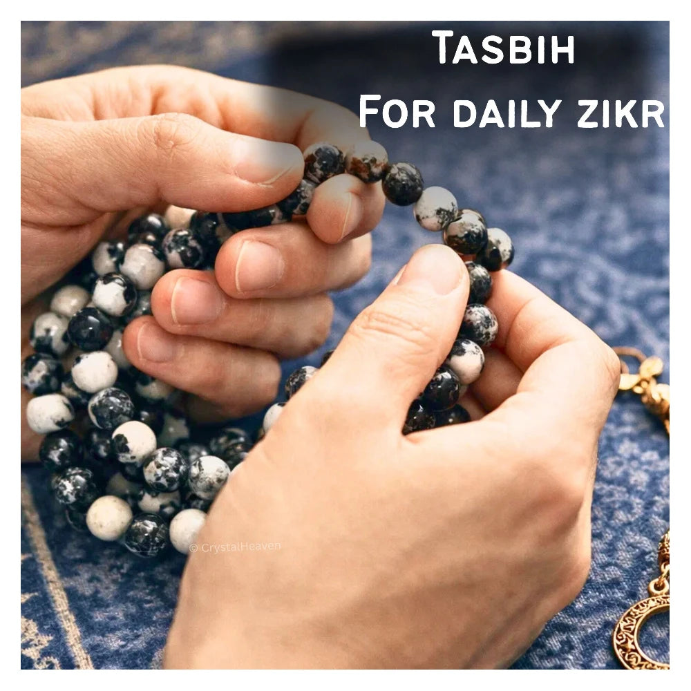 Black and White Jasper Crystal Tasbih (Gold)