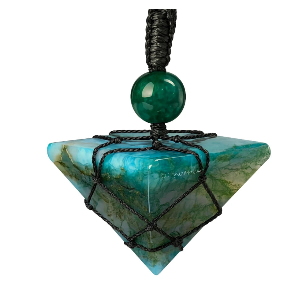 Moss Agate Pyramid Macrame Pendant Necklace