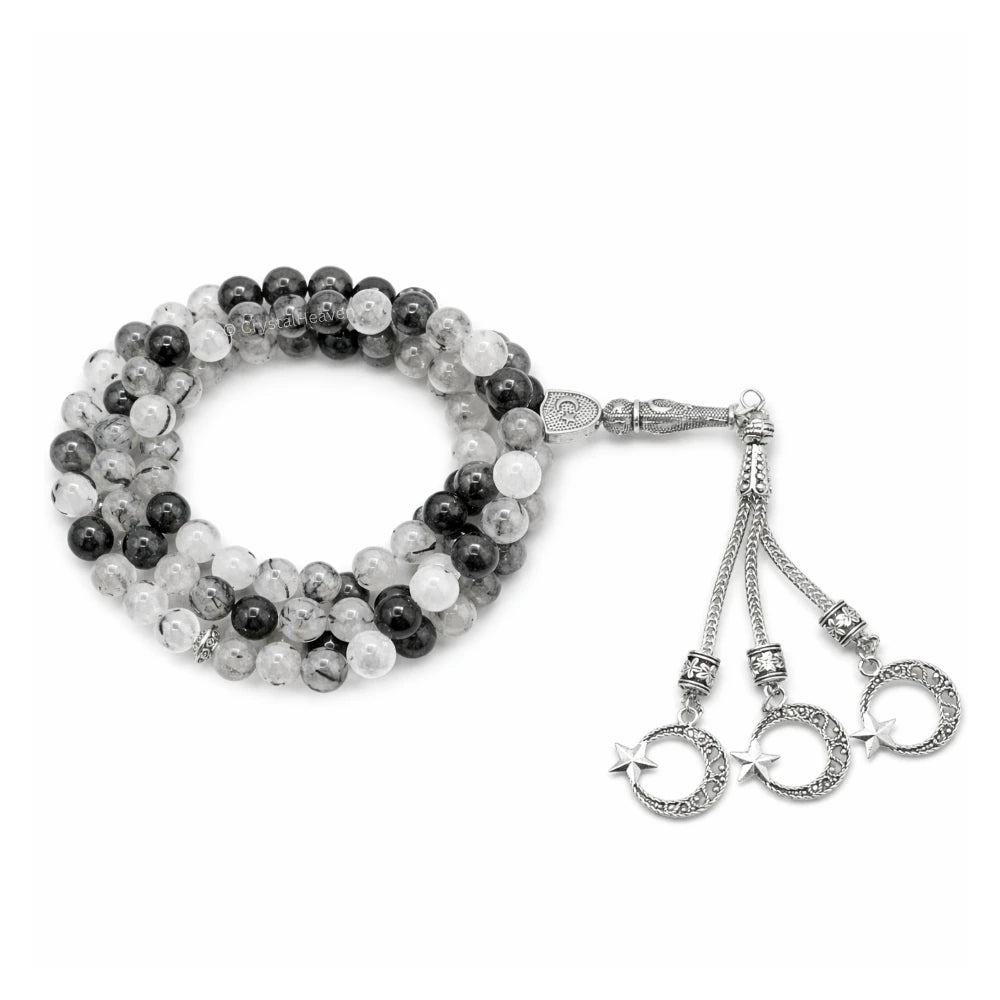 Black Rutilated Quartz Crystal Tasbih (Silver)