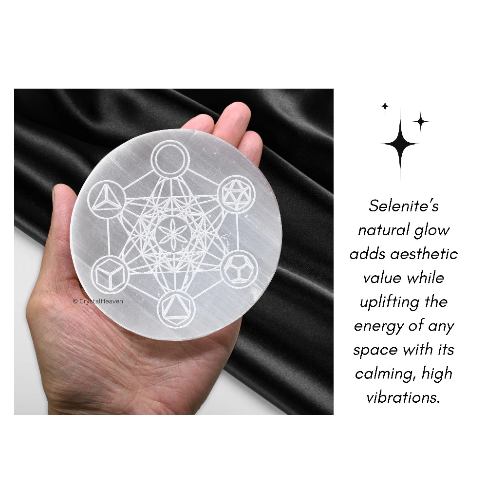 Selenite Charging Plate with Metatron Cube with Platonic Solid (4 Inch)