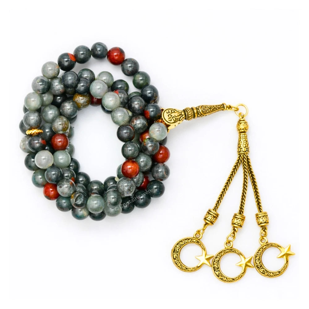 African Bloodstone Crystal Tasbih (Gold)