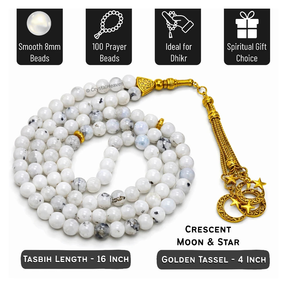 Rainbow Moonstone Crystal Tasbih (Gold)