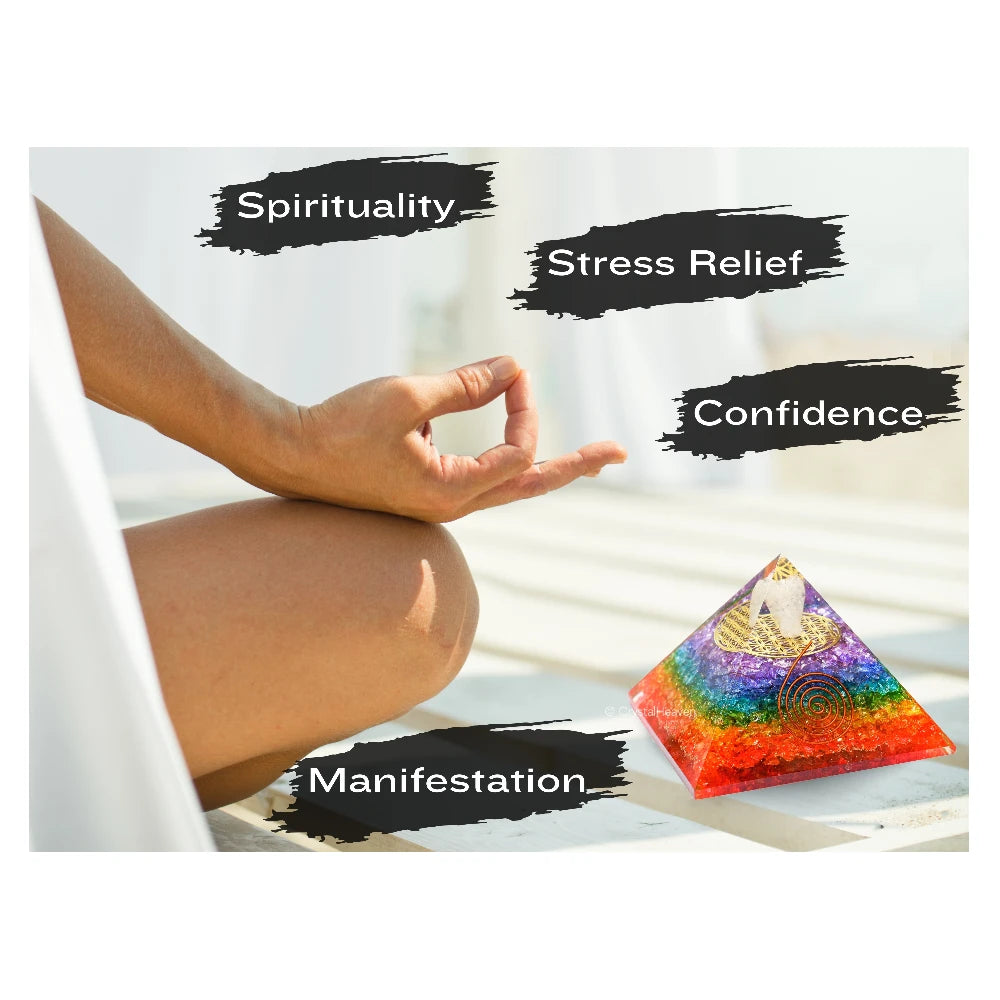 7 Chakra Onyx Crystal Orgone Pyramid with Angel Flower of Life - 100mm