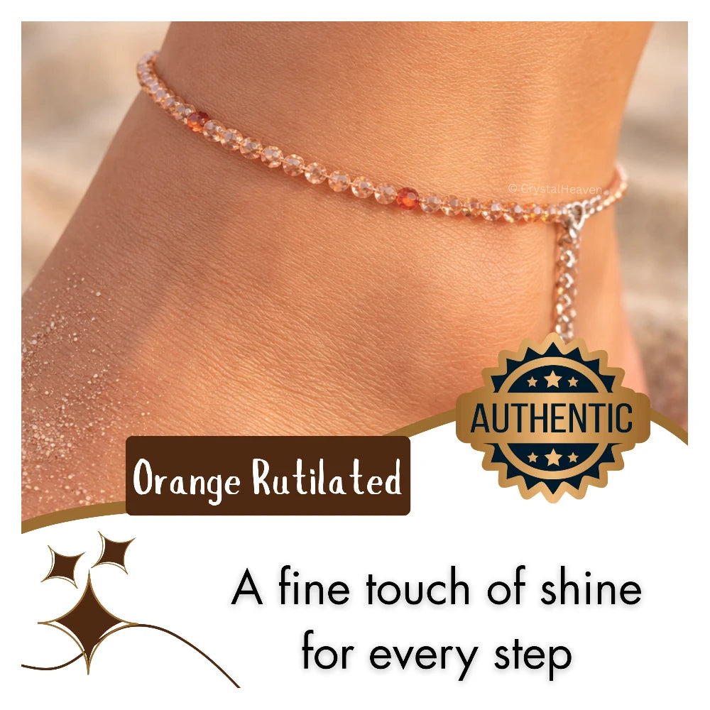 Orange Rutilated Quartz Anklet - 2mm Faceted Beads (Silver)