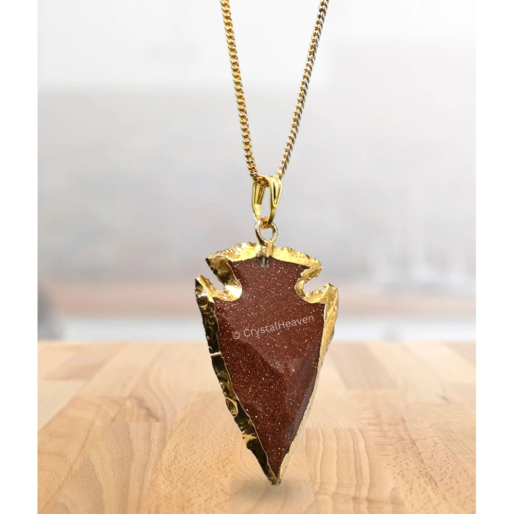 Red Goldstone Arrow Head Pendant - Gold Plated