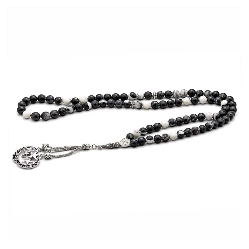 Black and White Jasper Crystal Tasbih (Silver)