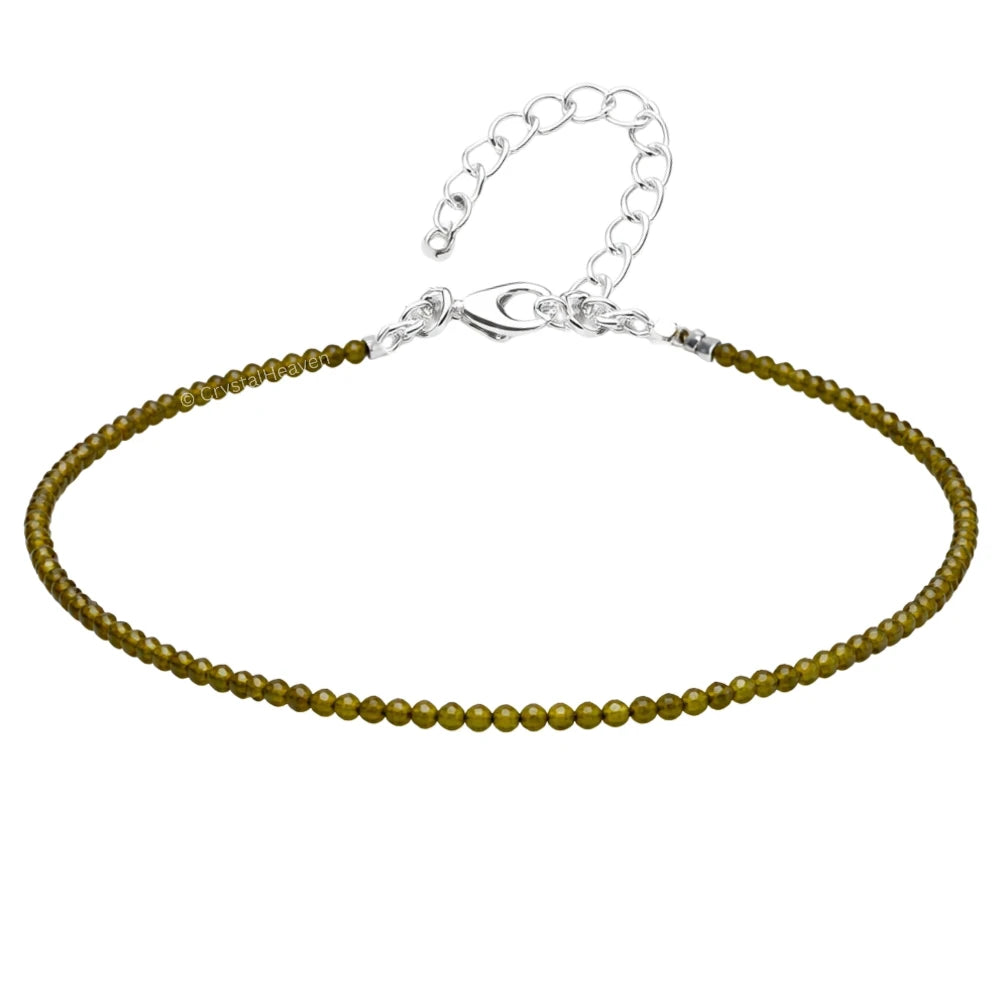 Green Cats Eye Anklet - 2mm Faceted Beads (Silver)