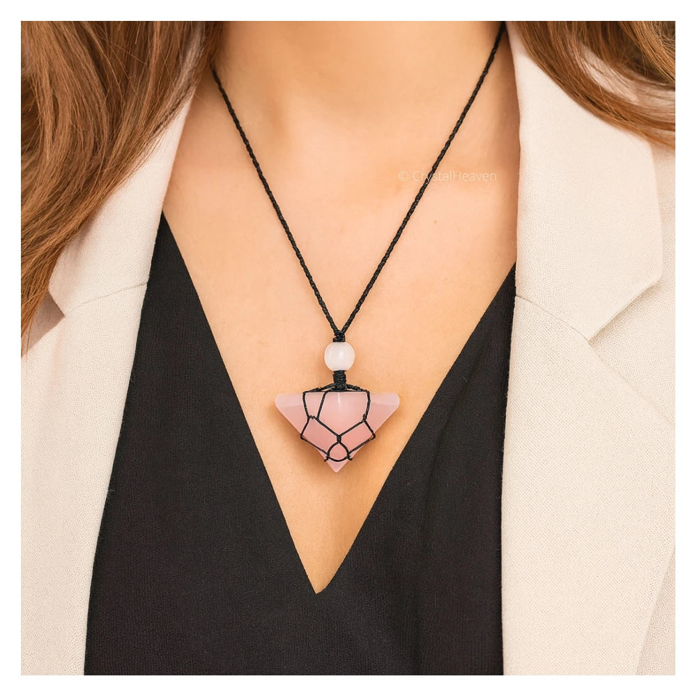 Rose Quartz Pyramid Macrame Pendant Necklace