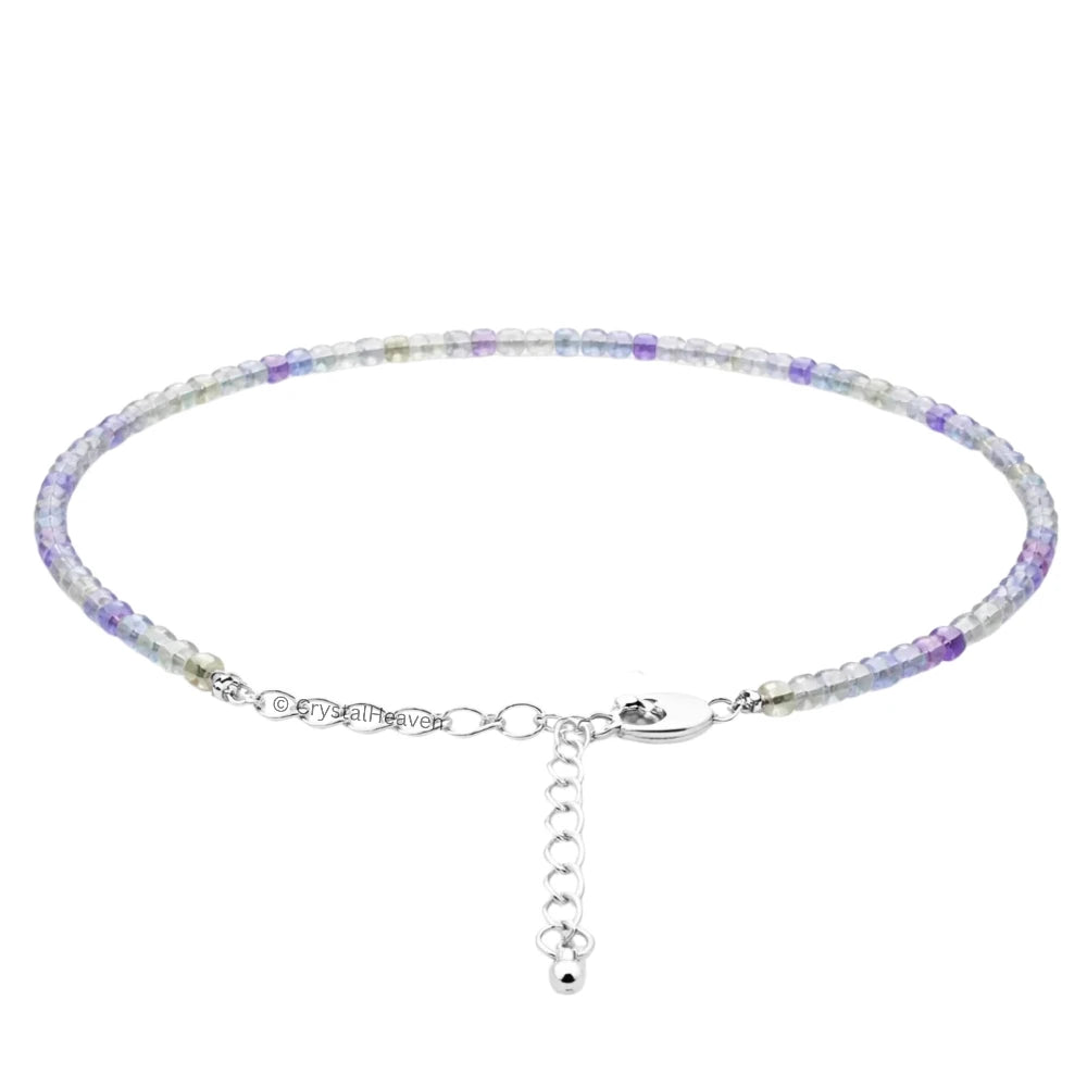 Green Fluorite Anklet - 2mm Faceted Beads (Silver)