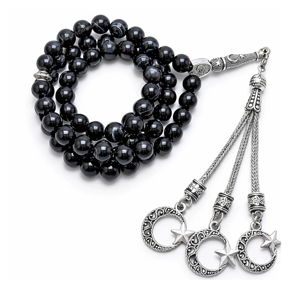 Black Banded Agate Crystal Tasbih (Silver)
