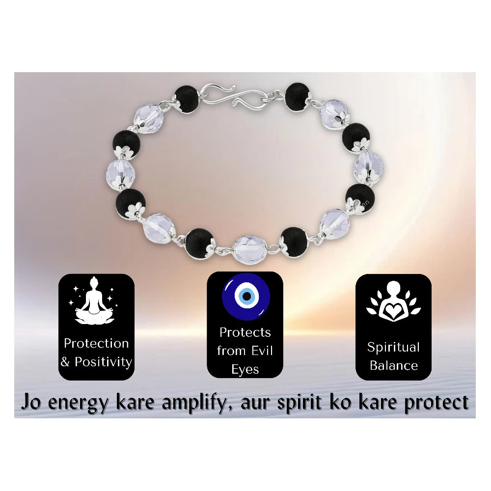 Faceted Sphatik Crystal and Karungali Bracelet (Silver Chain)