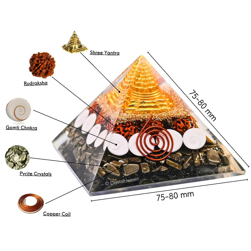Money Magnet Pyramid - Shree Yantra, Gomati Chakra, Rudraksha, Pyrite