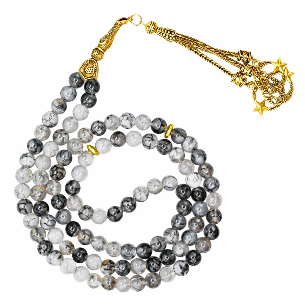 Dragon Vein Agate Crystal Tasbih (Gold)