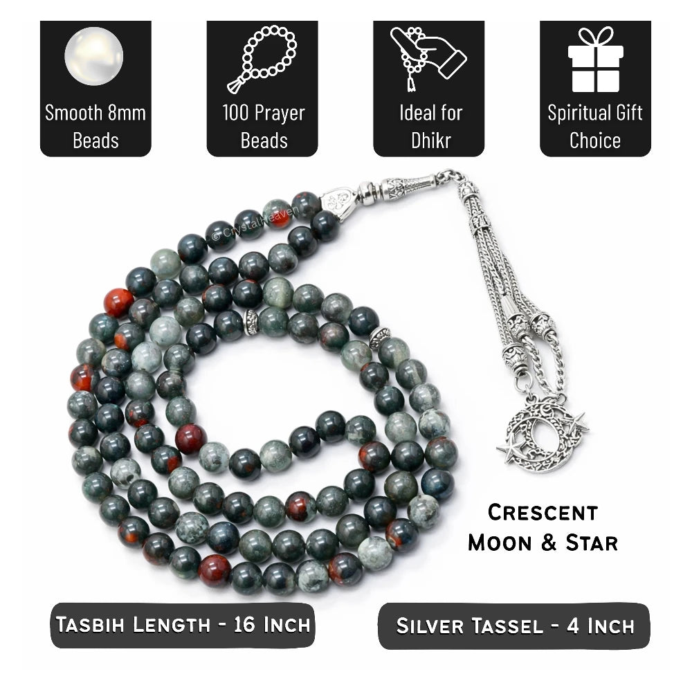 African Bloodstone Crystal Tasbih (Silver)