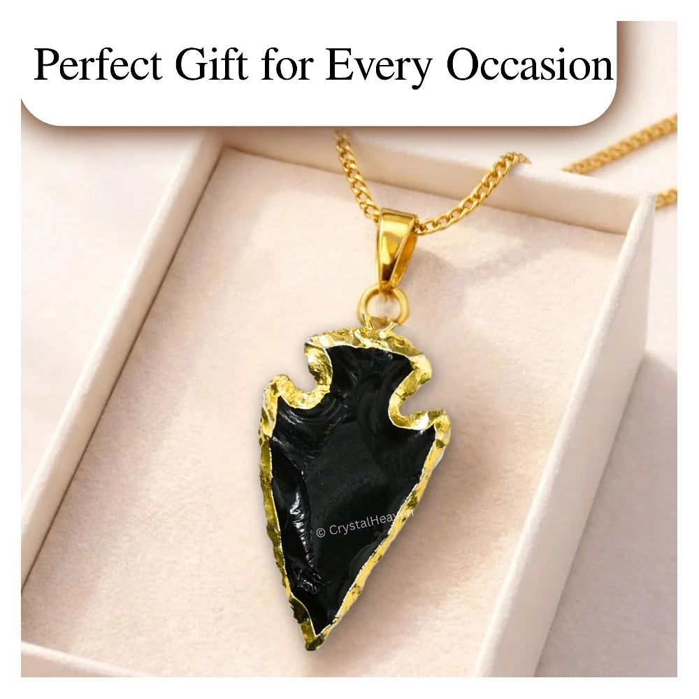 Black Obsidian Arrow Head Pendant - Gold Plated
