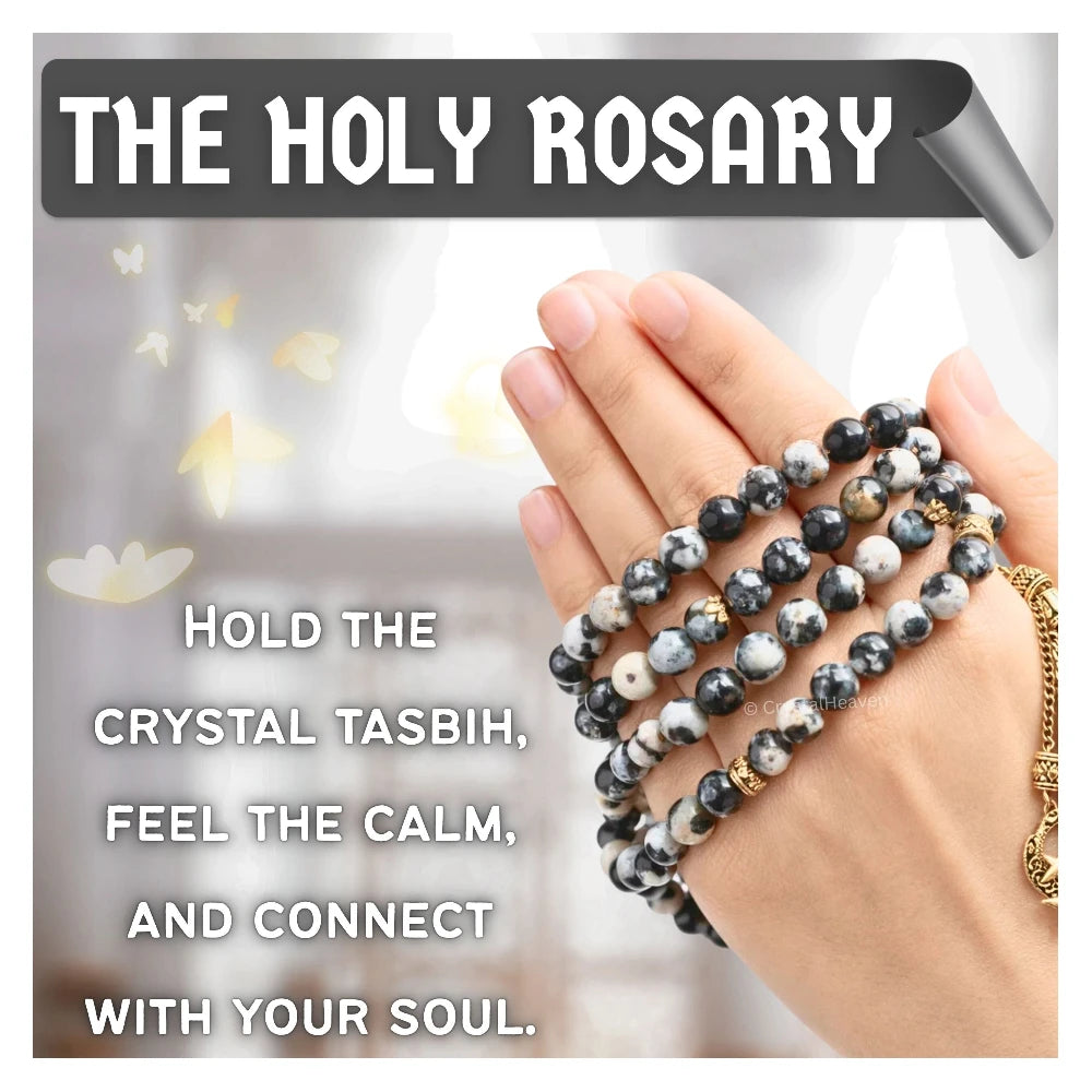 Black and White Jasper Crystal Tasbih (Gold)