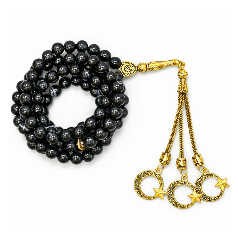 Black Banded Agate Crystal Tasbih (Gold)