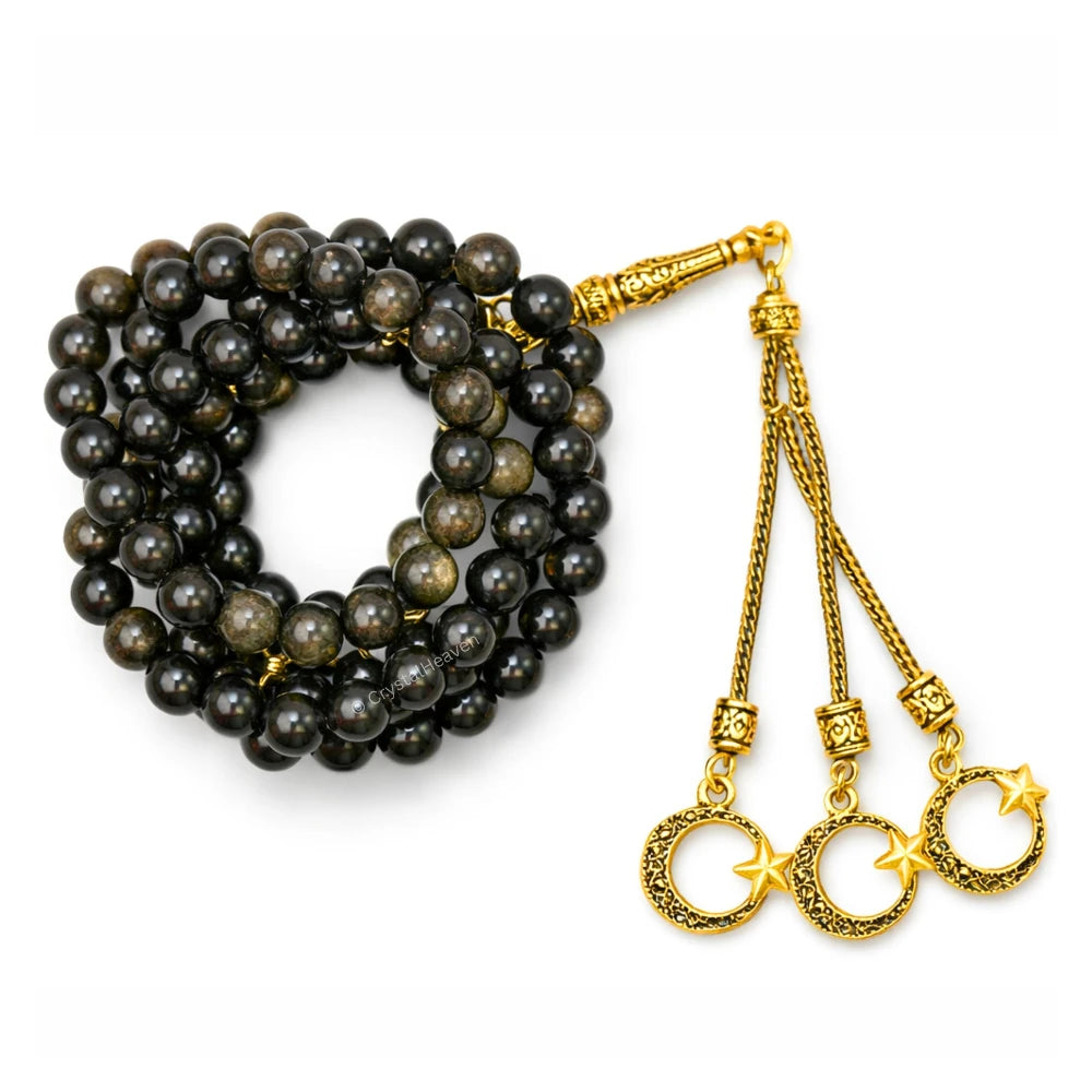 Gold Sheen Obsidian Crystal Tasbih (Gold)