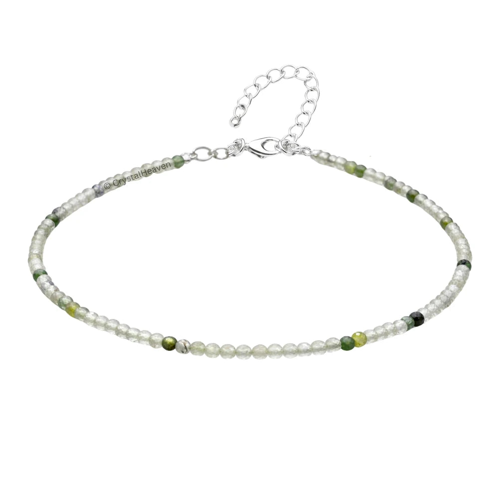 Green Rutilated Quartz Anklet - 2mm Faceted Beads (Silver)