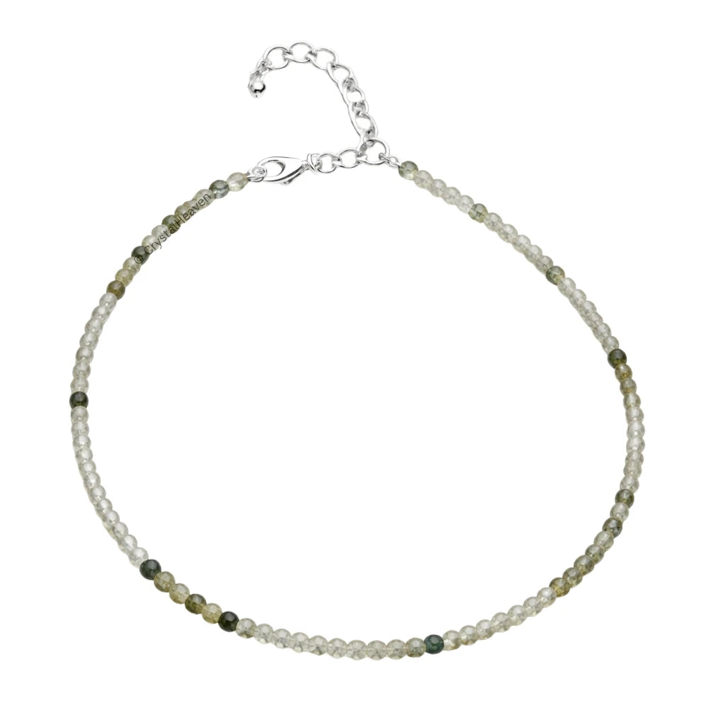 Green Rutilated Quartz Anklet - 2mm Faceted Beads (Silver)