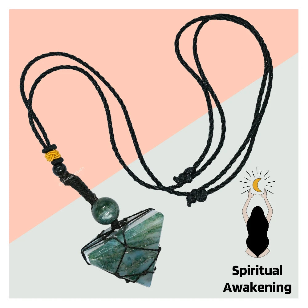 Moss Agate Pyramid Macrame Pendant Necklace