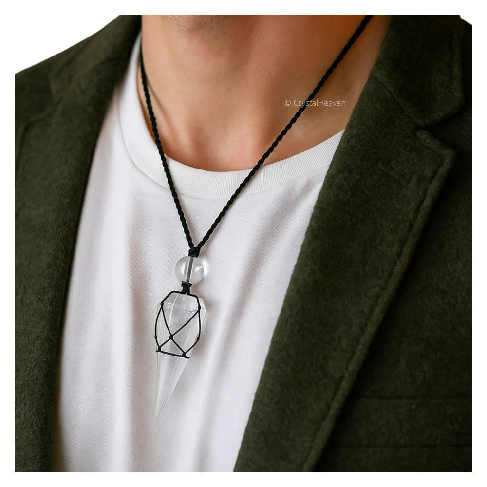 Clear Quartz Pendulum Pendant Necklace (Macrame)