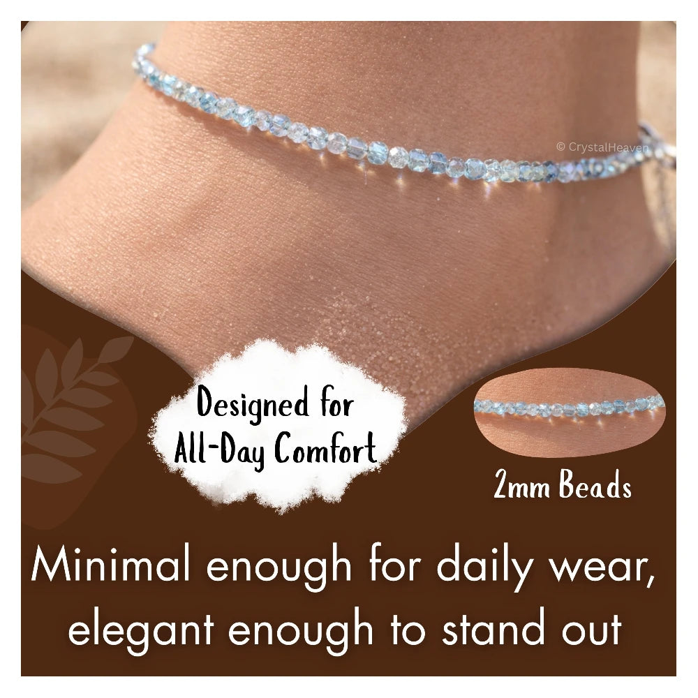 Sky Apatite Anklet - 2mm Faceted Beads (Silver)