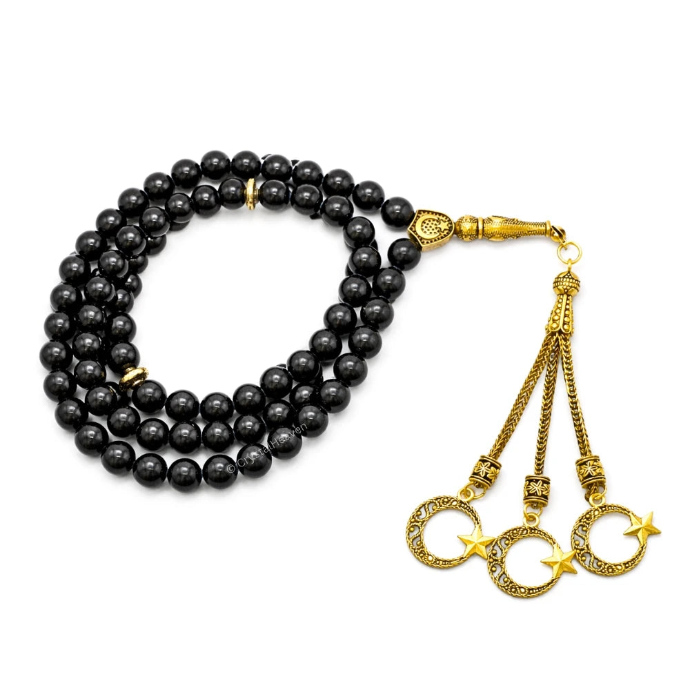 Black Tourmaline Crystal Tasbih (Gold)