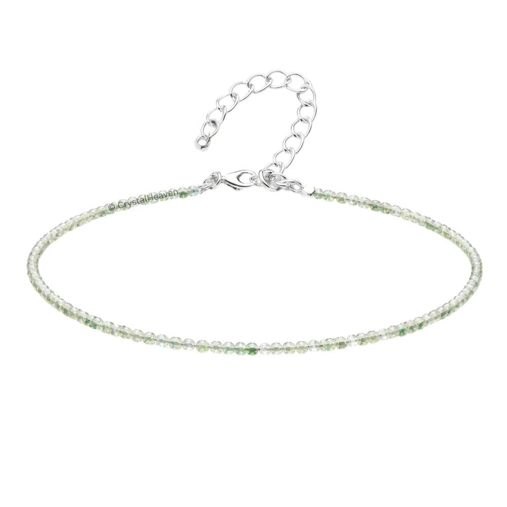 Green Amethyst Anklet - 2mm Faceted Beads (Silver)