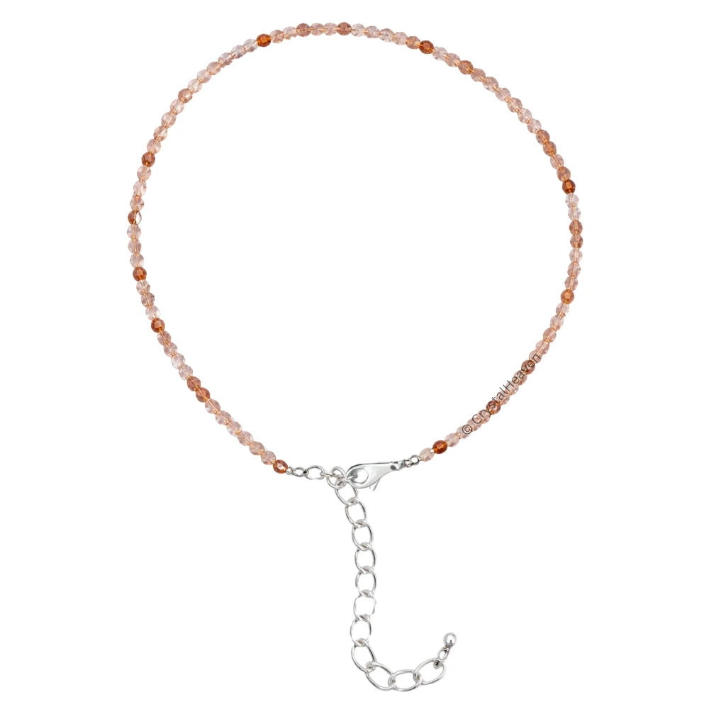 Orange Rutilated Quartz Anklet - 2mm Faceted Beads (Silver)