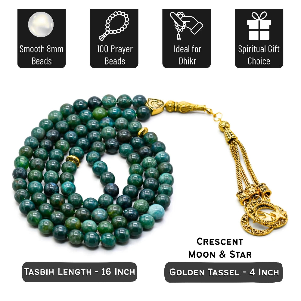 Moss Agate Crystal Tasbih (Gold)